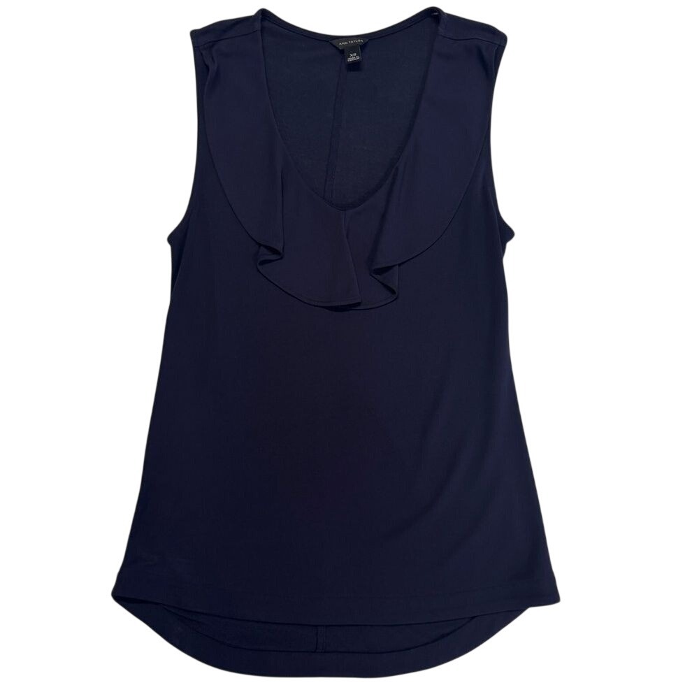 Ann Taylor Navy Sleeveless Ruffle Top Blouse Shirt Tank XSmall